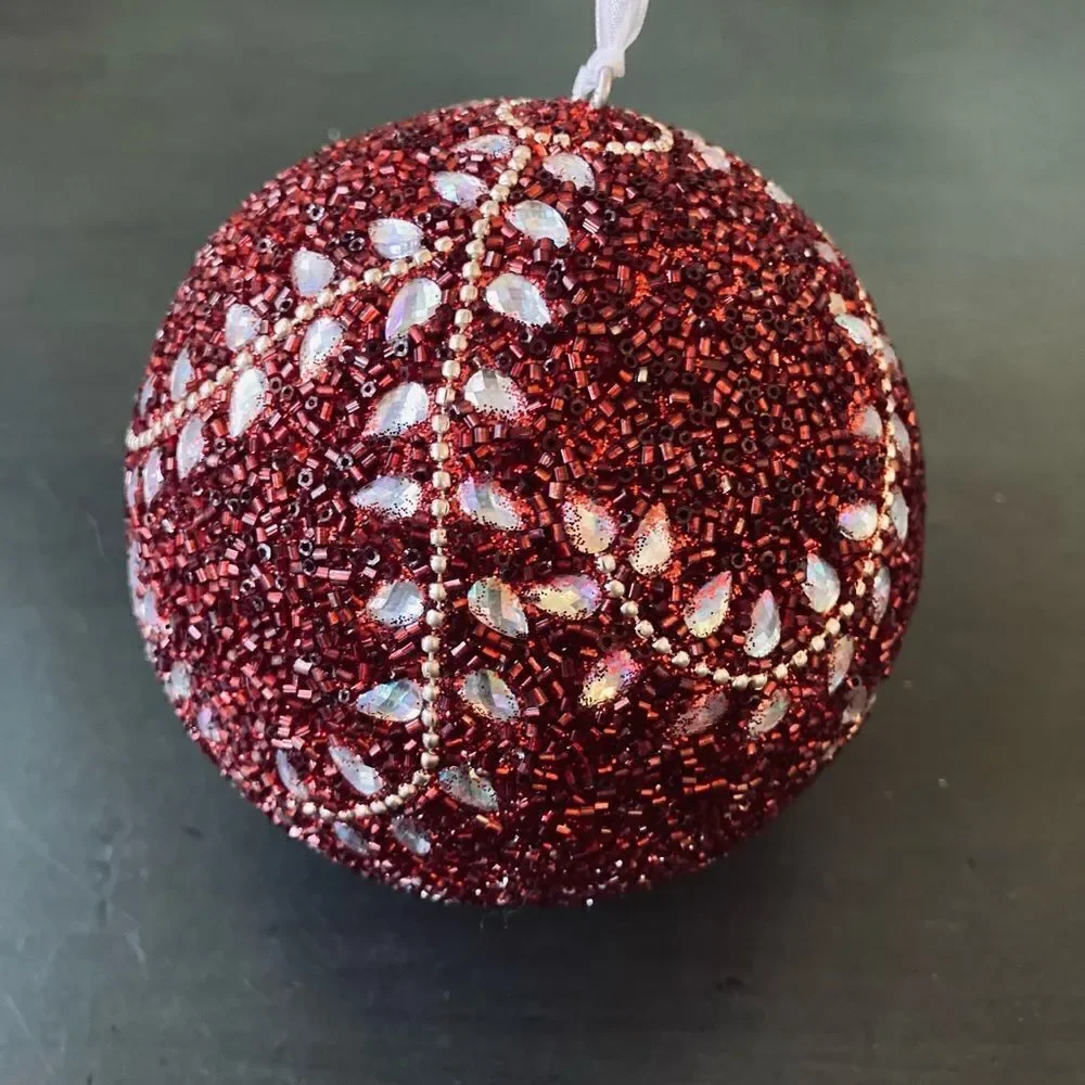 NWT Red Beaded Jeweled Christmas Holiday Ball Ornament